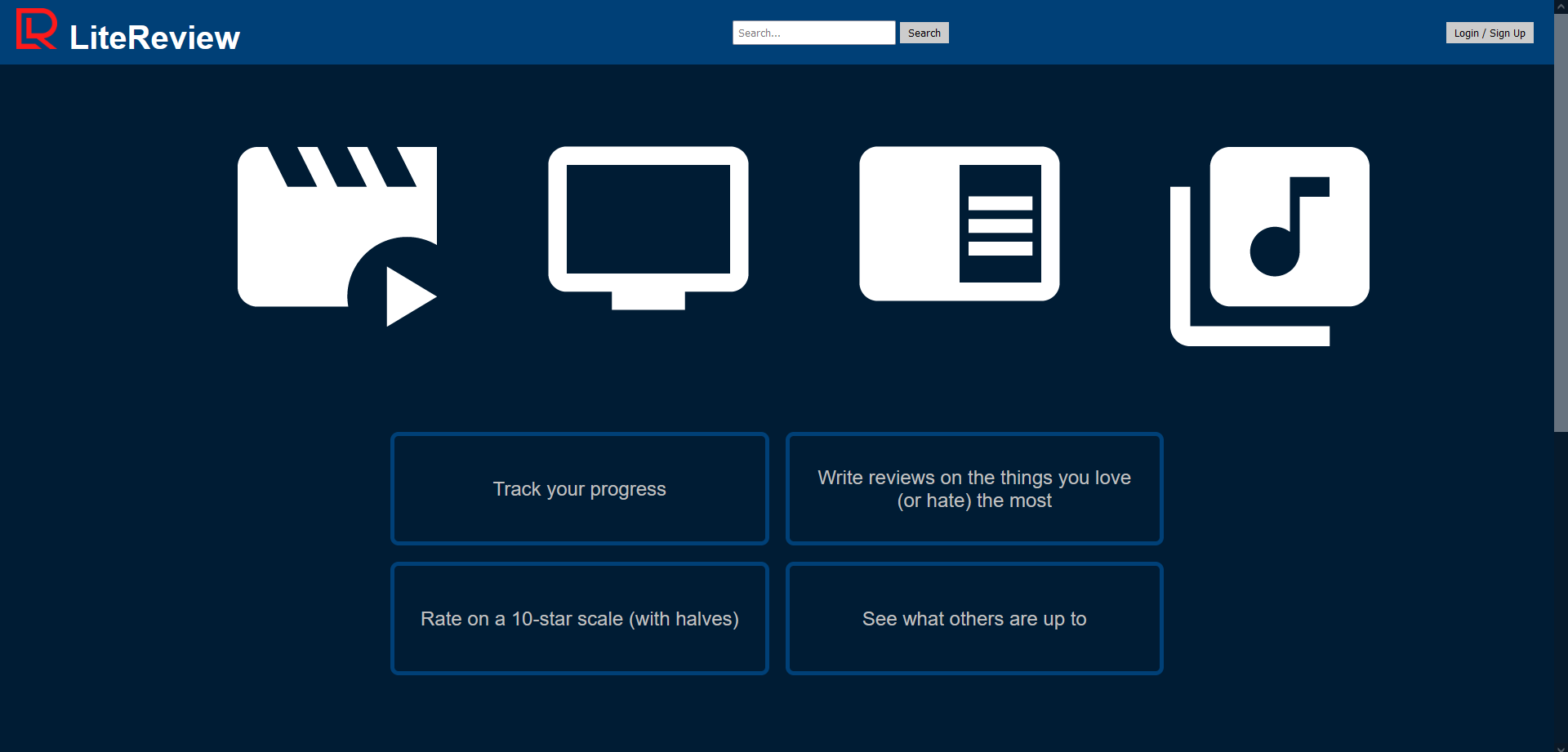 The original LiteReview home page, with film, television, book and music icons
